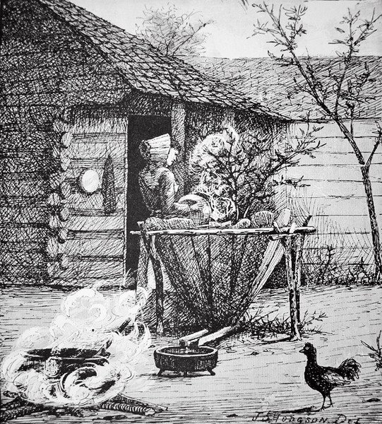 Landschaftsszene - eine Frau an einem Waschbottich, nach einer Illustration von J. S. Hodgson von School American