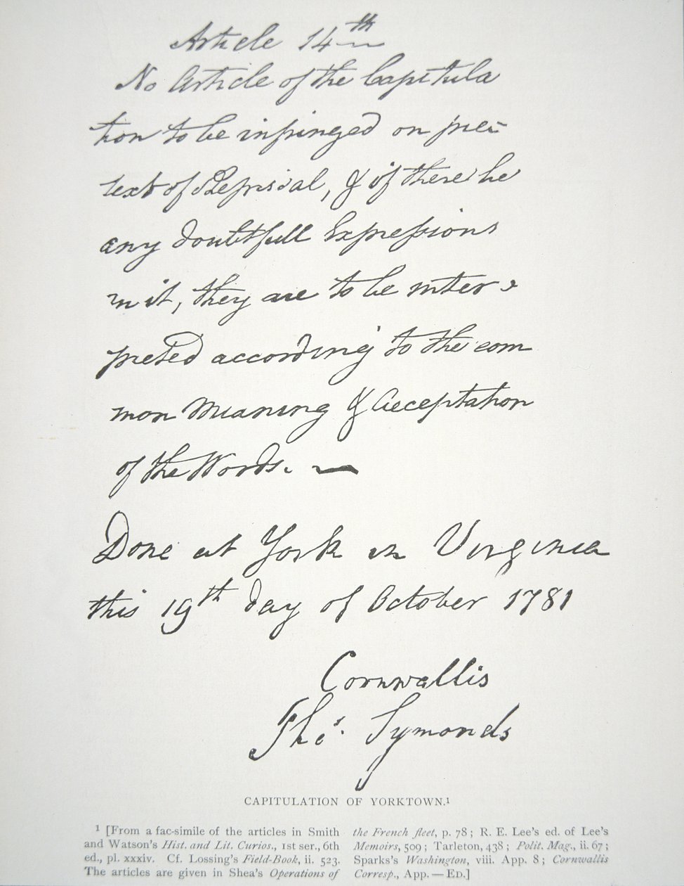 Kapitulationsbrief von Yorktown, unterzeichnet von Lord Cornwallis von School American