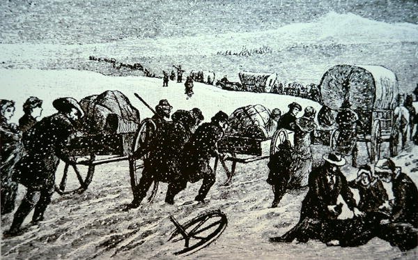 Mormonischer Planwagenzug in einem Schneesturm auf dem Weg nach Salt Lake City, Utah von School American