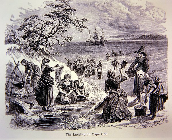 Die Pilgerväter landen 1620 in Amerika - Die Landung am Cape Cod zeigt Frauen bei der Arbeit von School American