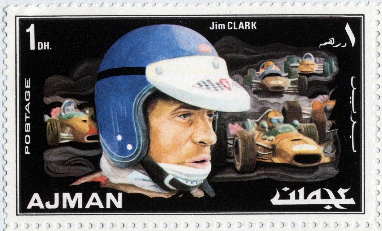 Briefmarke der Arabischen Emirate, die den schottischen Rennfahrer Jim Clark darstellt (1936-1968) von School Arabic