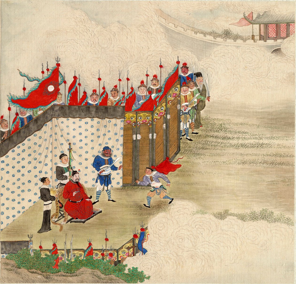 Chinesische Kunst: Ein chinesischer Prinz empfängt einen Boten, Tempera auf Seide, chinesische Schule um 1820, Maße 24,6x23,7 cm, Privatsammlung von School Chinese
