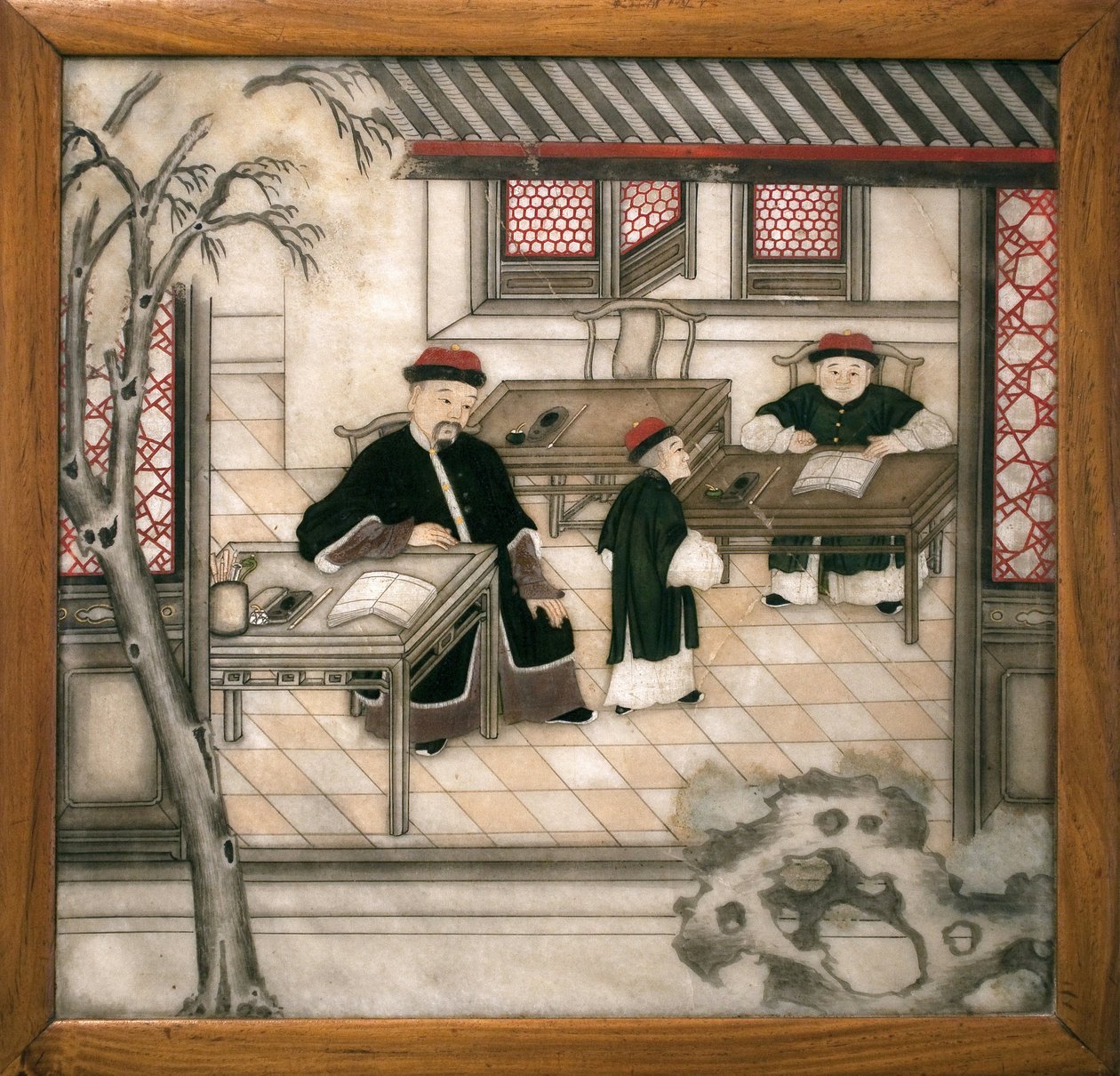 Dekorative Marmorplatte, die Buchstaben in ihrem Kabinett darstellt. Bemalter Marmor, Qing-Dynastie (1644-1911), chinesische Kunst. Musée d