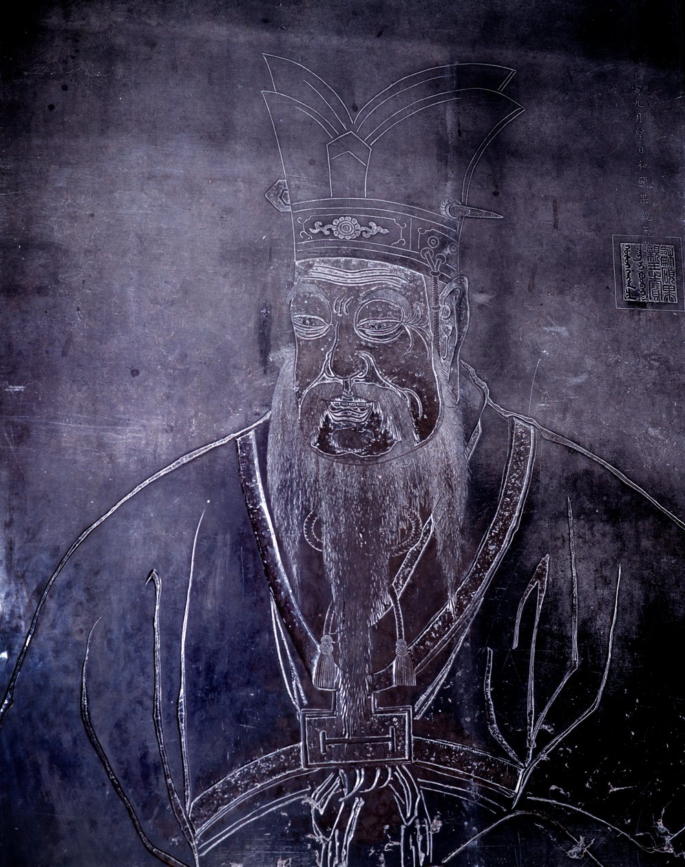 Porträt des chinesischen Philosophen Konfuzius (551-479 v. Chr.), Grabstein, Shanghai Museum von School Chinese