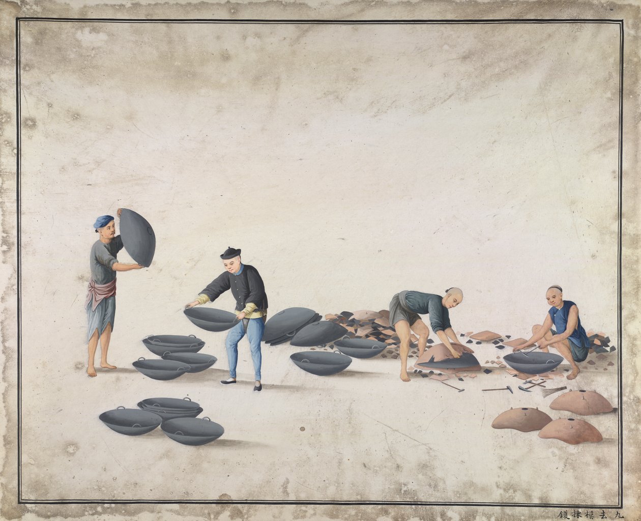 Nehmen Sie die Form weg und nehmen Sie die gute rundbodige Kochpfanne heraus, Herstellung von Gusseisen in China, ca. 1820 von School Chinese