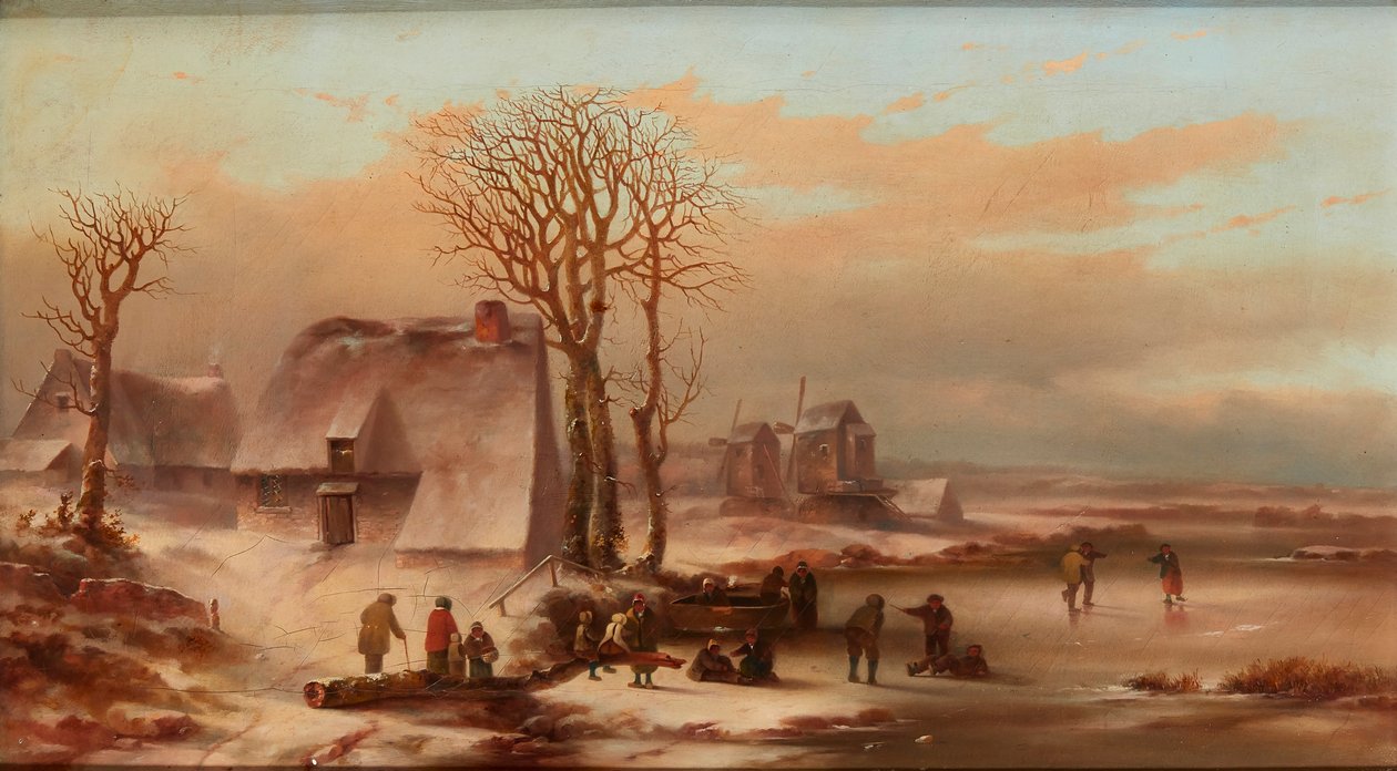 Eine Winterlandschaft mit Figuren auf einem zugefrorenen See von School Dutch