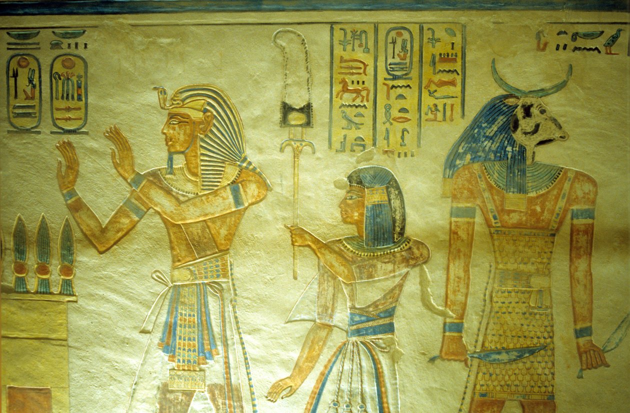 Altes Ägypten, Malerei/Gravur, Amon hir Khopshef Grab, Ramses III. mit seinem Sohn Amon-Hir, der ein Banner trägt von School Egyptian