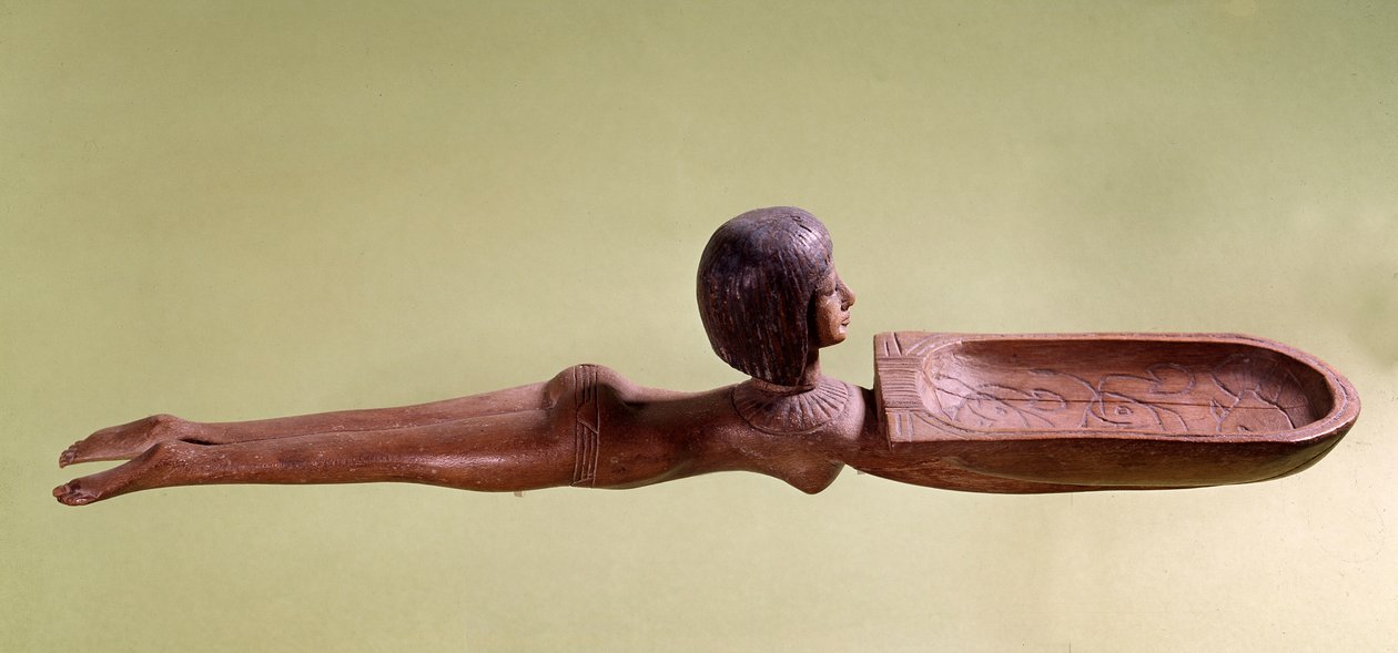Ägyptische Antike: Holzlöffel für Kosmetik, genannt ein nackter Schwimmer, der eine Ente hält. 18. Dynastie, Neues Reich. Paris, Louvre Museum von School Egyptian