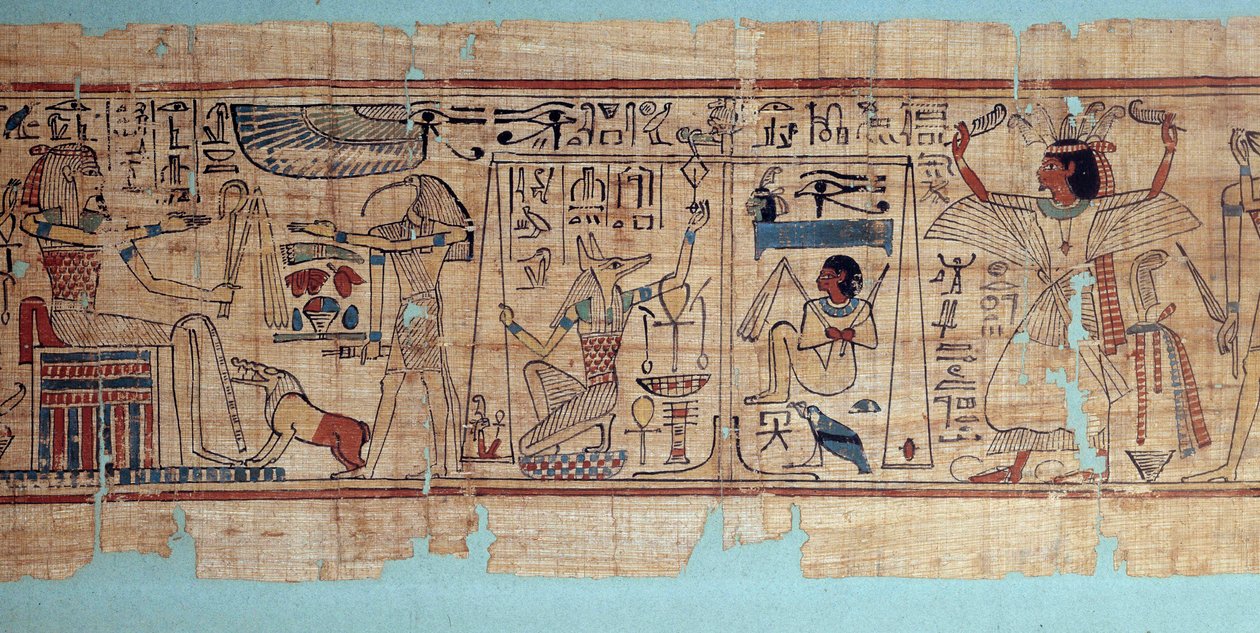Ägyptische Antike: Detail des mythologischen Papyrus von Neskapashouty, Kornschreiber des Amun. Anubis wiegt das Herz (die Seele) des Verstorbenen. 21. Dynastie von School Egyptian