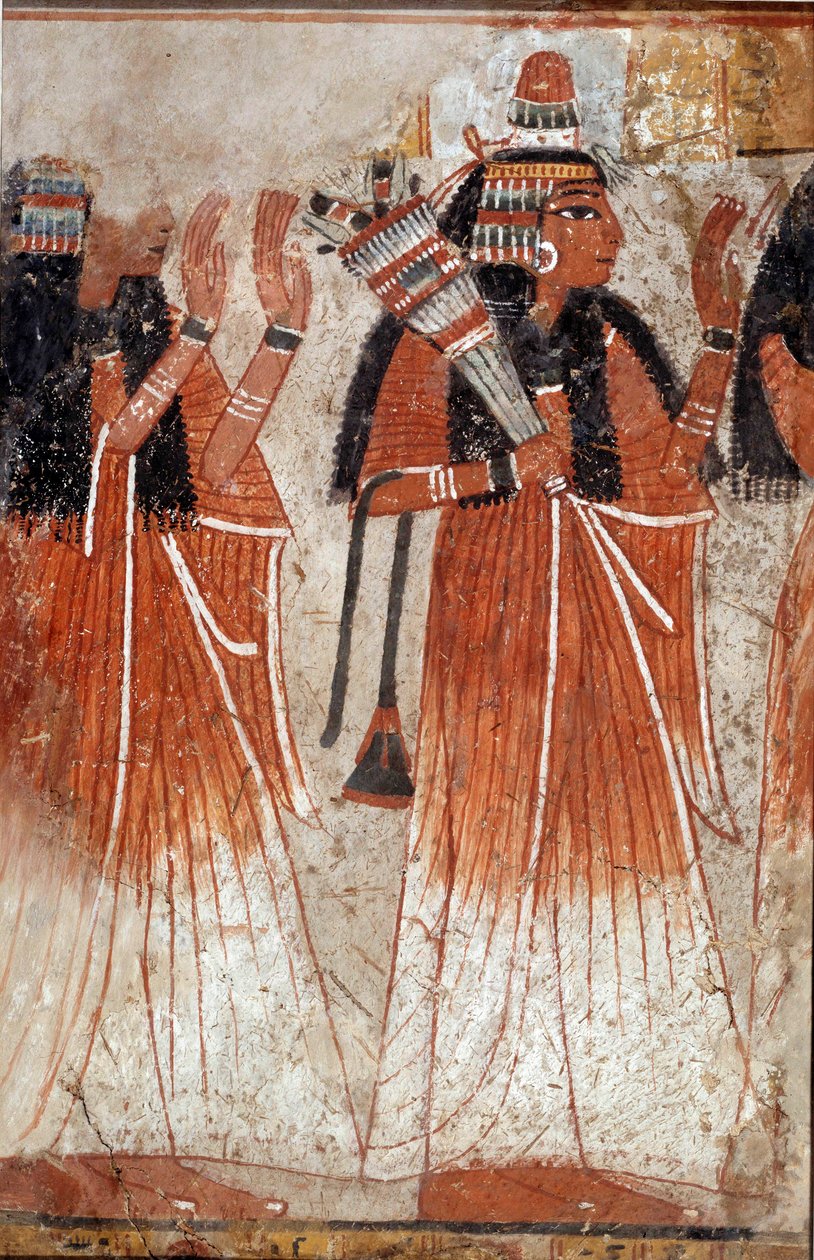 Ägyptische Antiquität: Fragment eines Wandgemäldes aus dem Grab von Niay, das einen Zug von Verwandten des Verstorbenen darstellt. Aus der Stätte Dra Aboul Naga. 19. Dynastie (1295-1186 v. Chr.) von School Egyptian