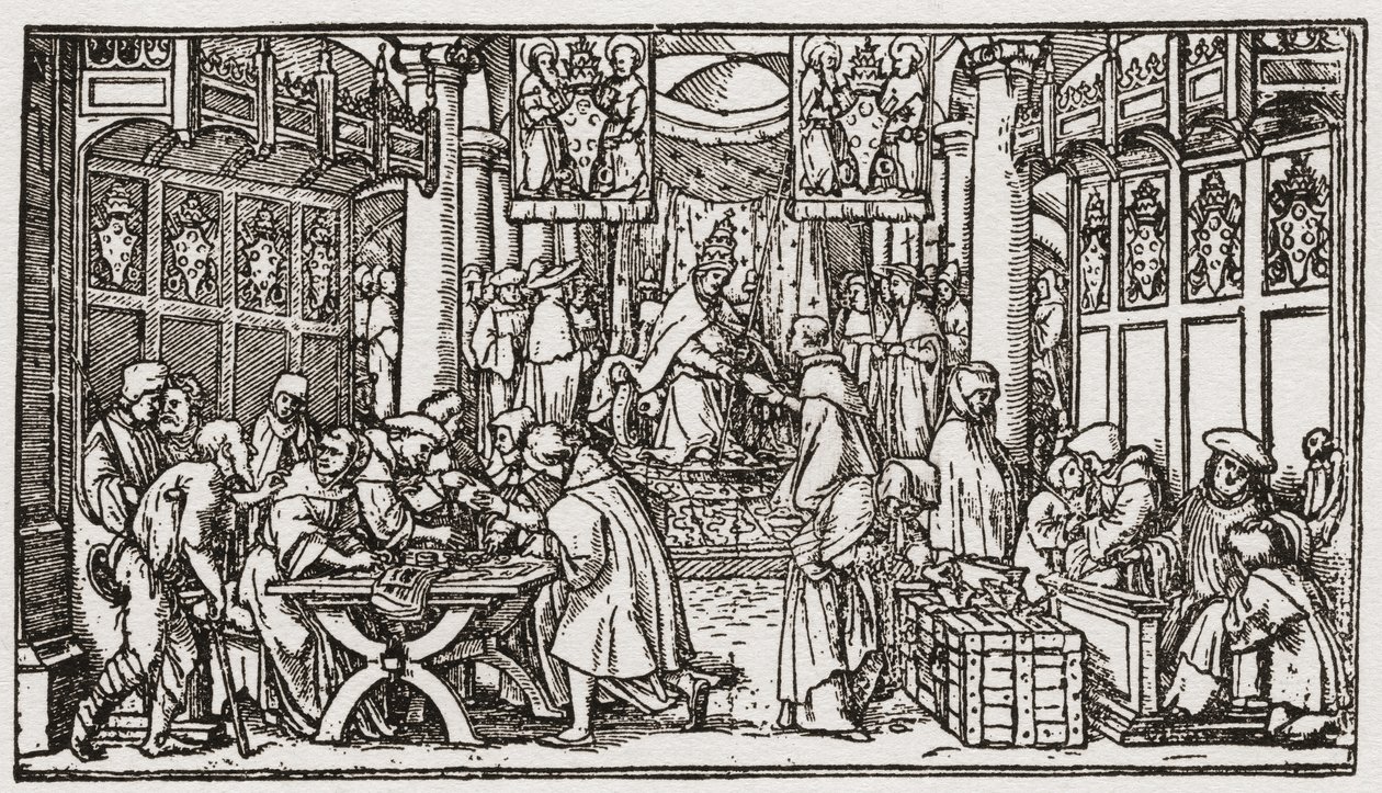Ein Ablassverkauf während der Tudor-Zeit in England (Gravur) von School English