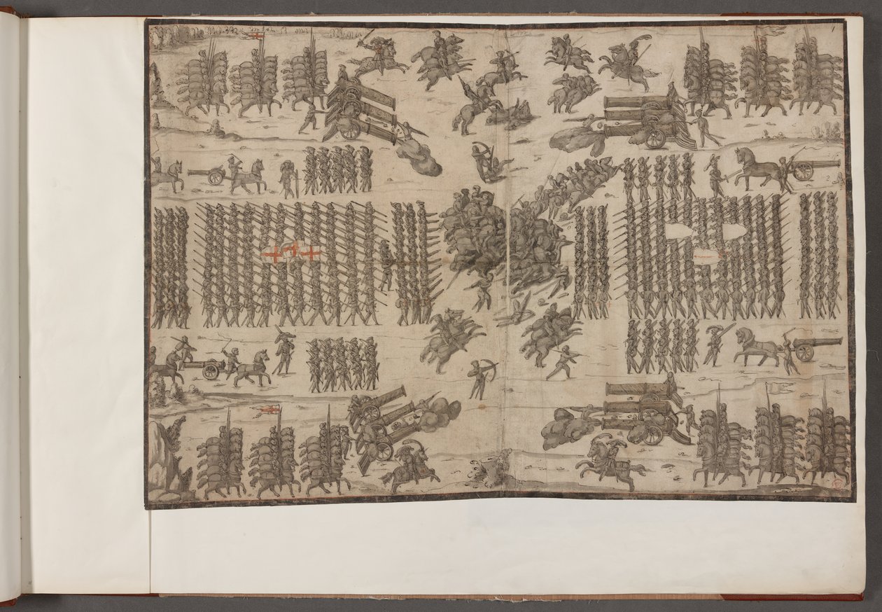 Eine Schlacht. Armeen in Formation. Zeichnungen von Armeen, Soldaten, Pferden und Geschirren sowie anderen militärischen Szenen. 1500-1650 von School English