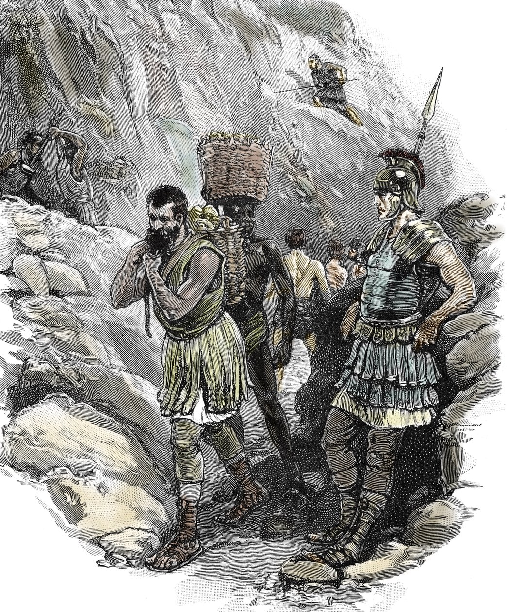 Römischer Legionär überwacht angelsächsische Arbeiter in einer Zinnmine, England 50 n. Chr. von School English