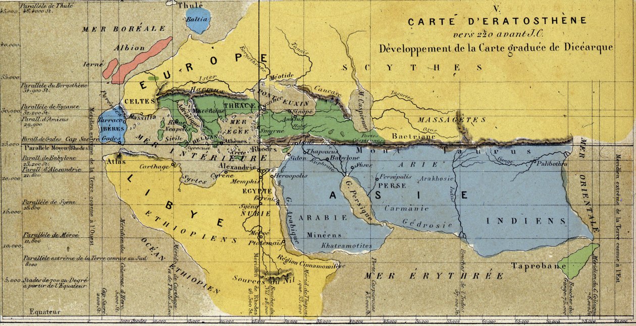 Karte von Eratosthenes, griechischer Astronom und Geograph des 3. Jahrhunderts v. Chr. 220 v. Chr. von School French