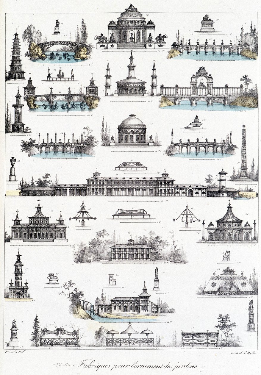 Fassade verschiedener Gebäude zur Herstellung von Gartenornamenten von School French