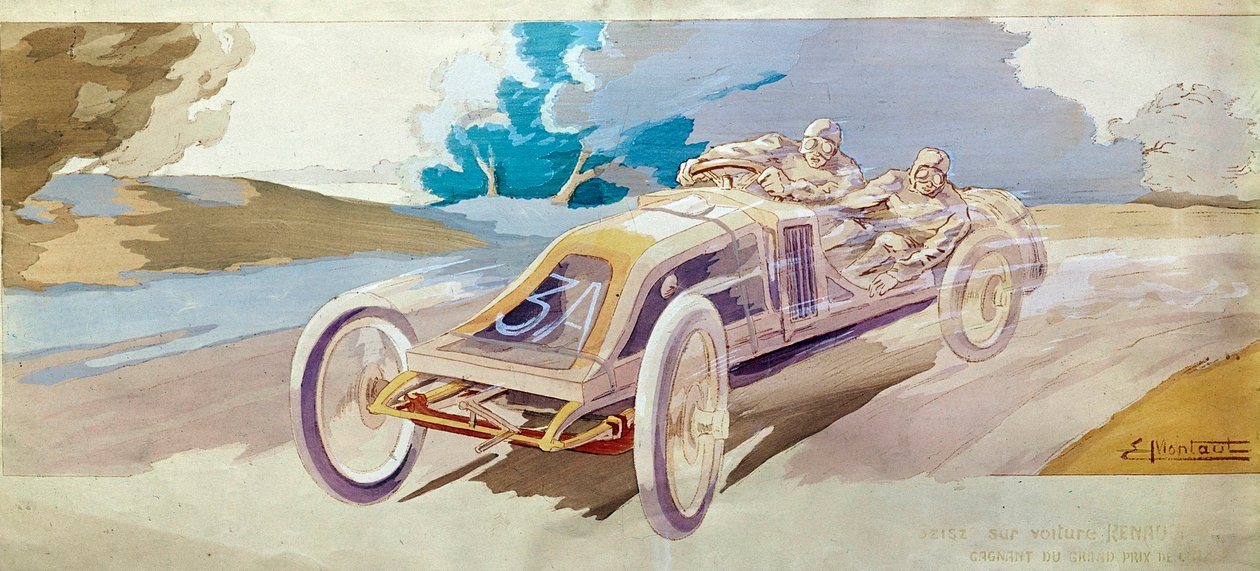 Autorennen: ein Rennwagen Beisz auf einem Renault, Lithographie von E. Montre, Conservatoire national des arts et metiers, Paris von School French