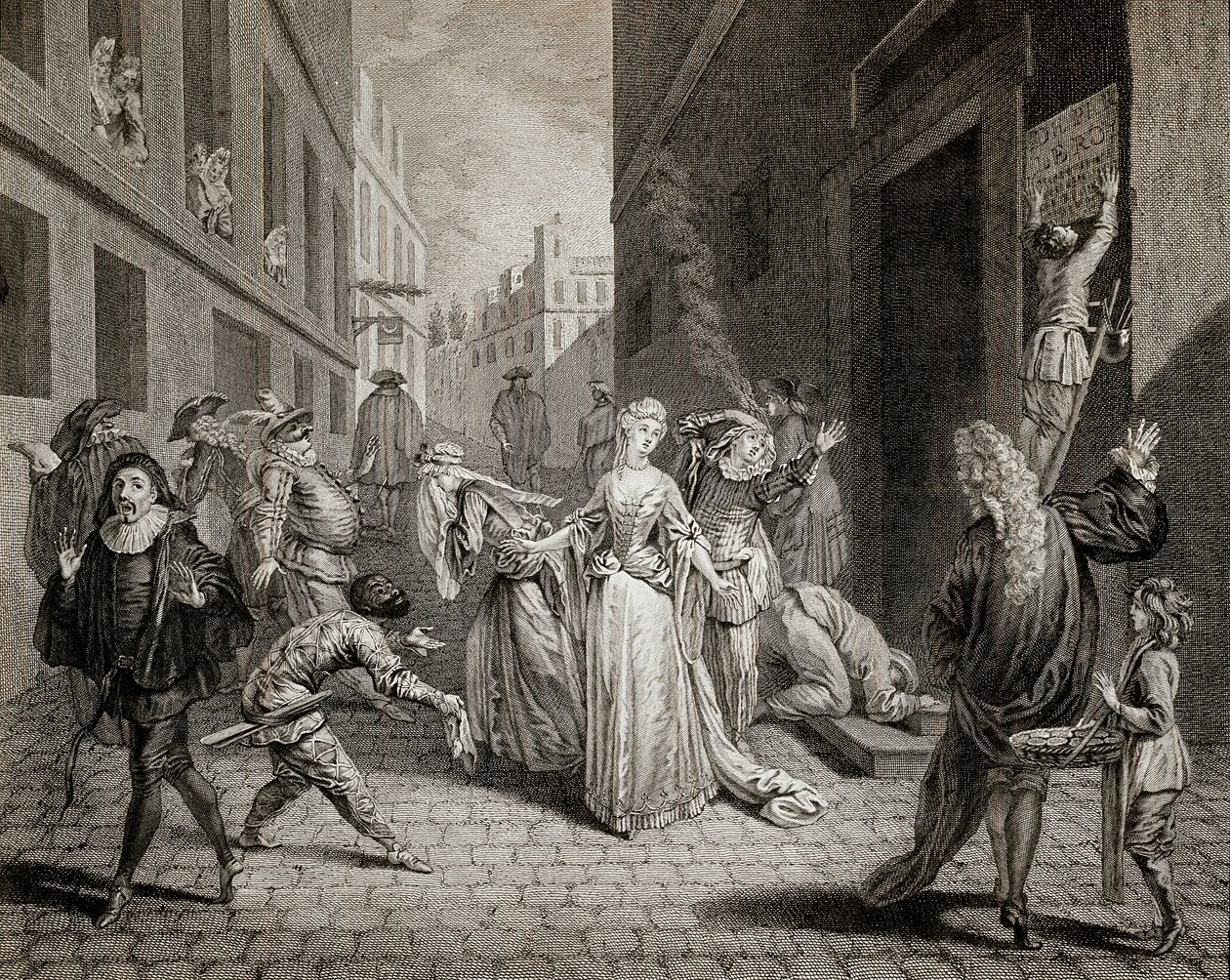 Terror (1793-1794): Italienische Komödianten werden aus Paris vertrieben. Gravur von School French