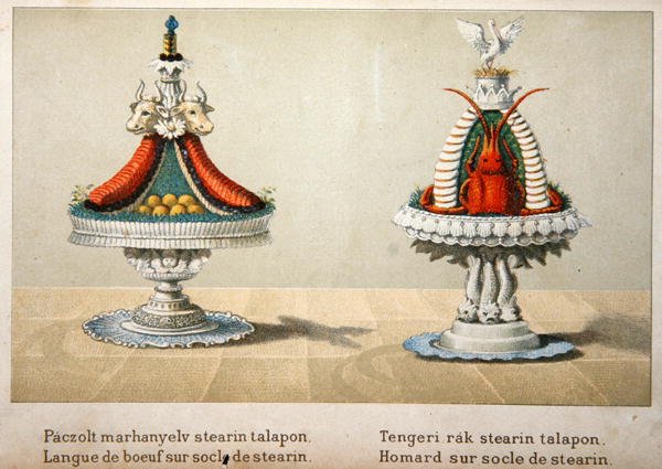 Design für die Präsentation von Ochsenzungen auf einem Bett aus Stearin und für Hummer, Illustration aus einem ungarischen Kochbuch über französische Küche, ca. 1880 von School Hungarian