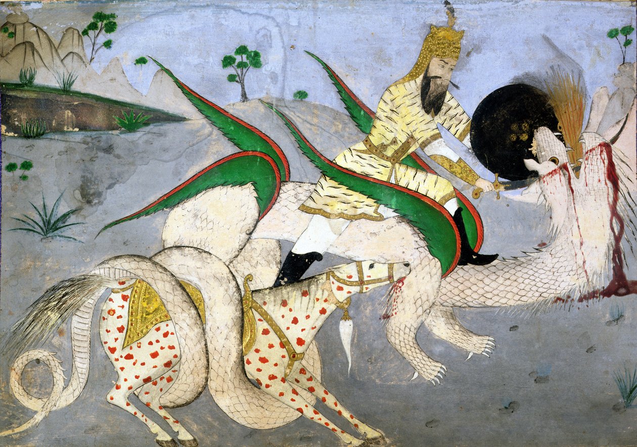 Ein berittener Krieger greift einen Drachen an, Illustration aus einem Buch über indische Mystiker von School Indian