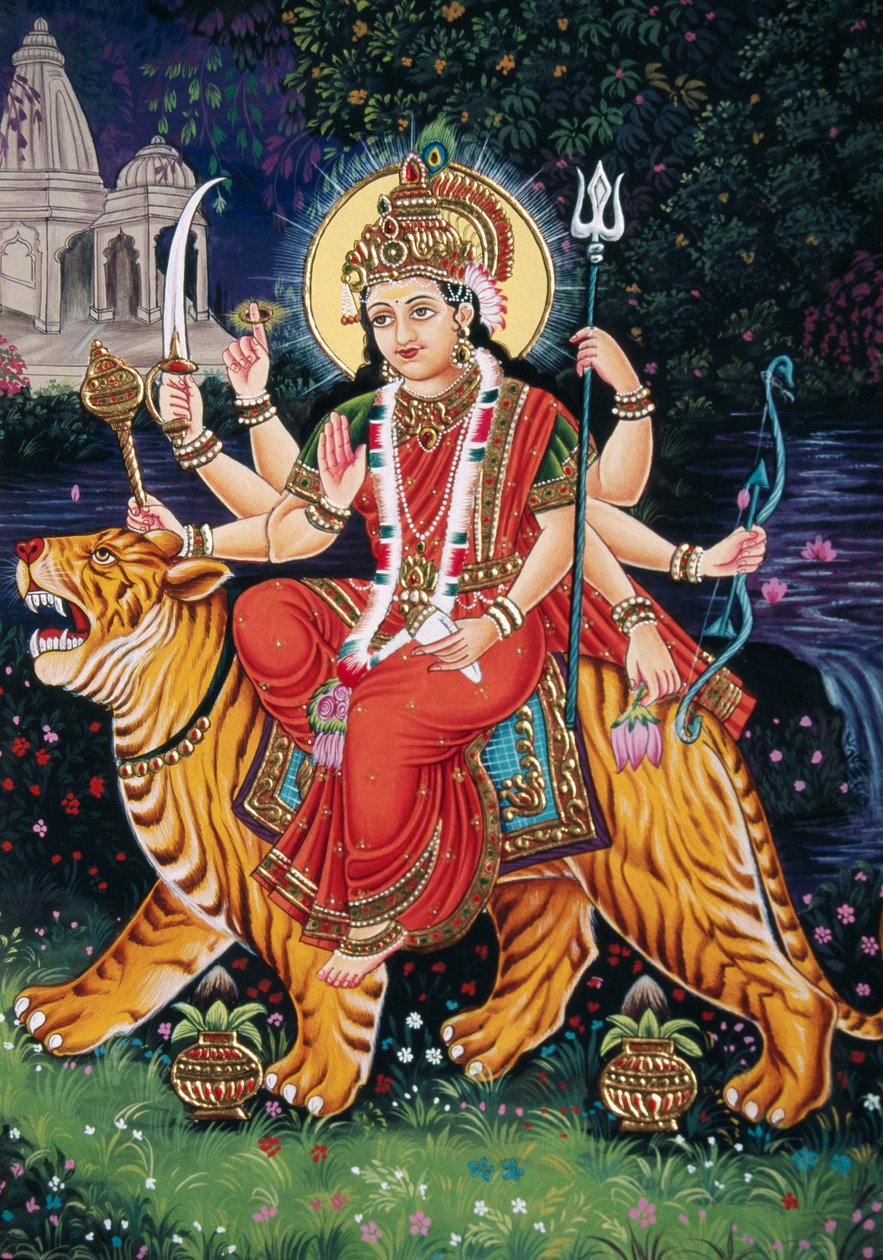 Göttin Durga Miniaturmalerei auf Papier mit Stickerei von School Indian