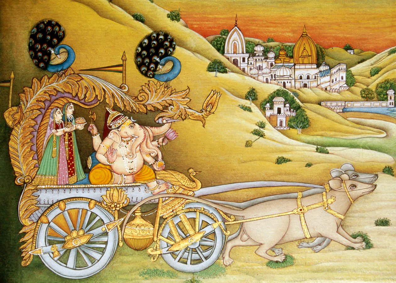 Lord Ganesh Ganpati Riddhi und Siddhi Miniaturmalerei auf Papier von School Indian