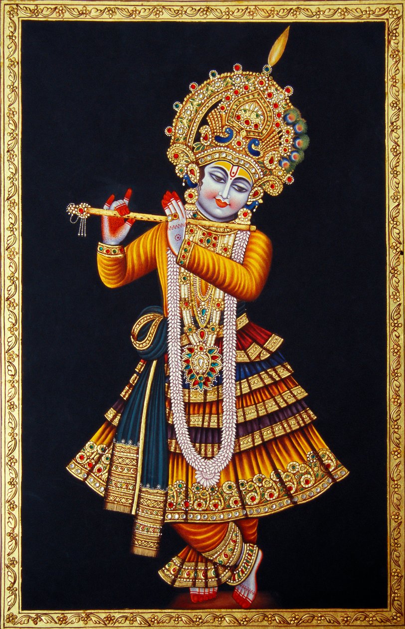 Herr Krishna spielt Flöte Miniaturmalerei auf Papier von School Indian