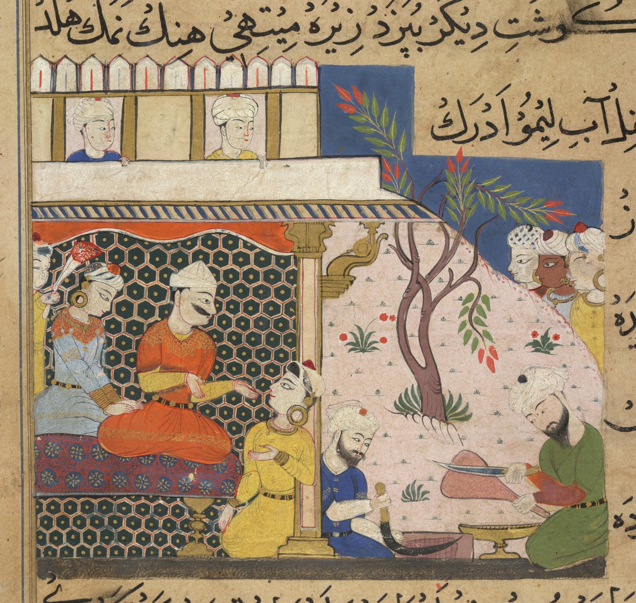 Hackfleisch wird für Sultan Ghiyath al-Din zubereitet, während er mit seinen Damen flirtet, aus dem Ni