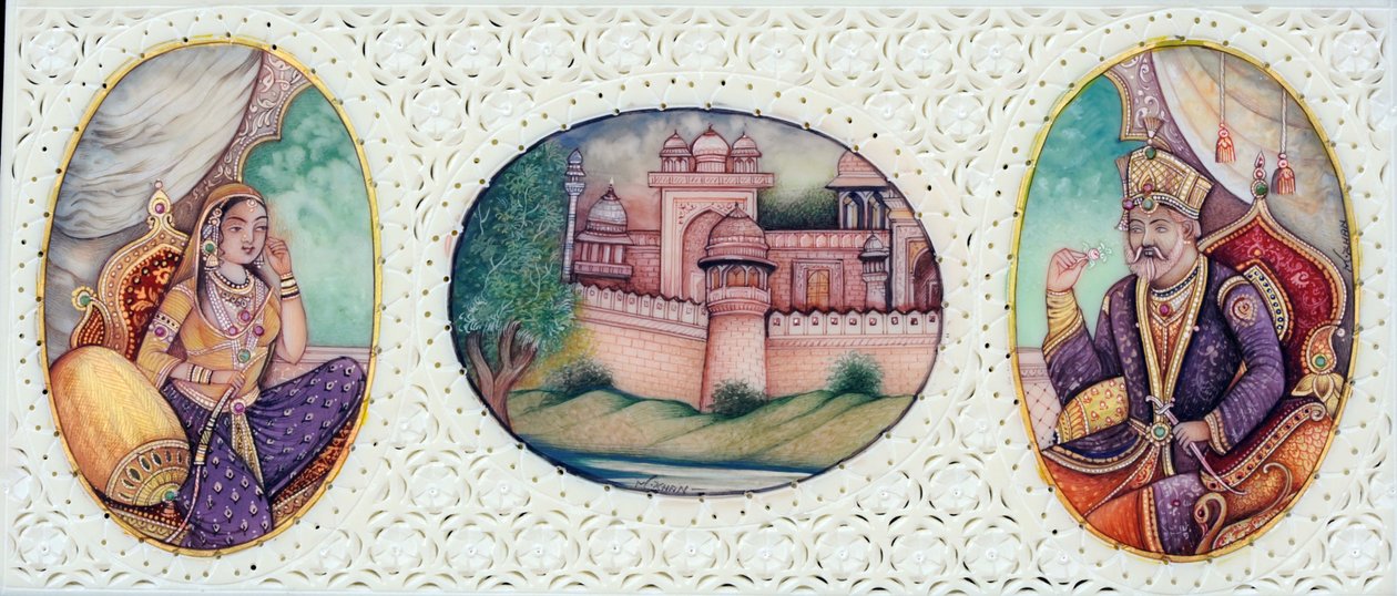 Miniaturmalerei des Mogulkaisers Bahadur Shah Zafar mit Ehefrau Zeenat Mahal von School Indian
