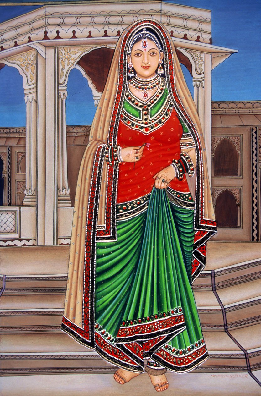 Rajasthani-Dame beim Treffen, Miniaturmalerei auf Papier von School Indian