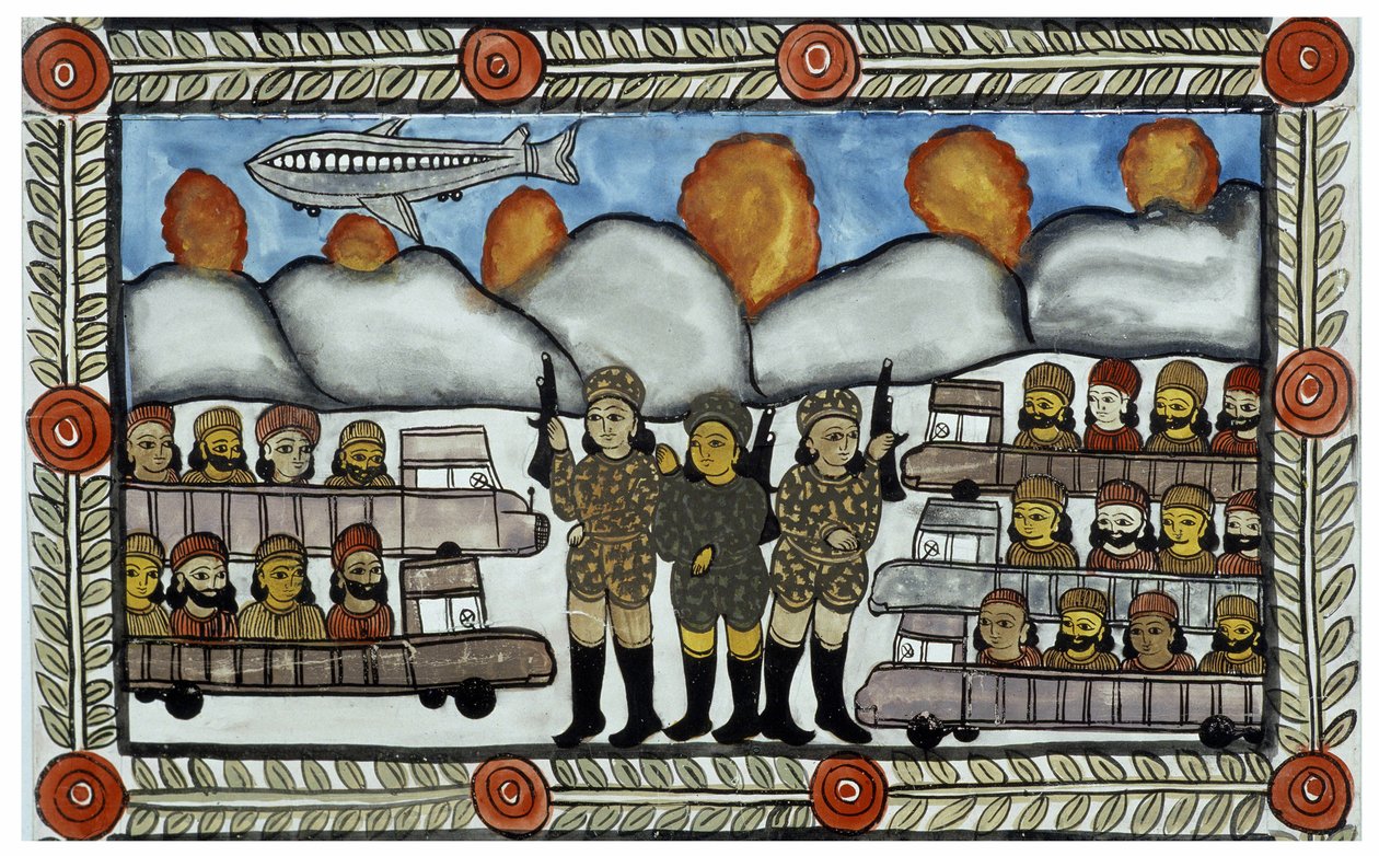 Die Geschichte der Anschläge vom 11. September 2001 erzählt von den Händlern Baul aus Bengalen. Malerei, Serie, Nummer 8/9, Bengalen. von School Indian