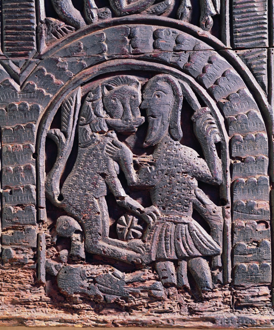 Detail einer Löwenjagd von einer mittelalterlichen Truhe (Holz) von School Italian