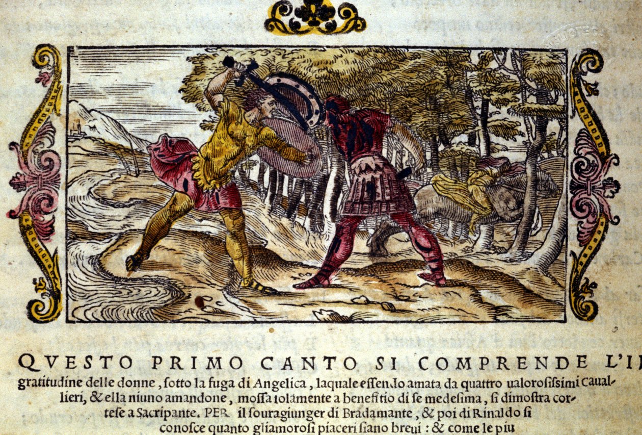 Darstellung des Kampfes zwischen Ferragus und Renaud, beide verliebt in die schöne Angelica. Szene aus dem Rittergedicht „Orlando Furioso“ (Der rasende Roland) von Ludovico Ariosto (1474-1533) von School Italian