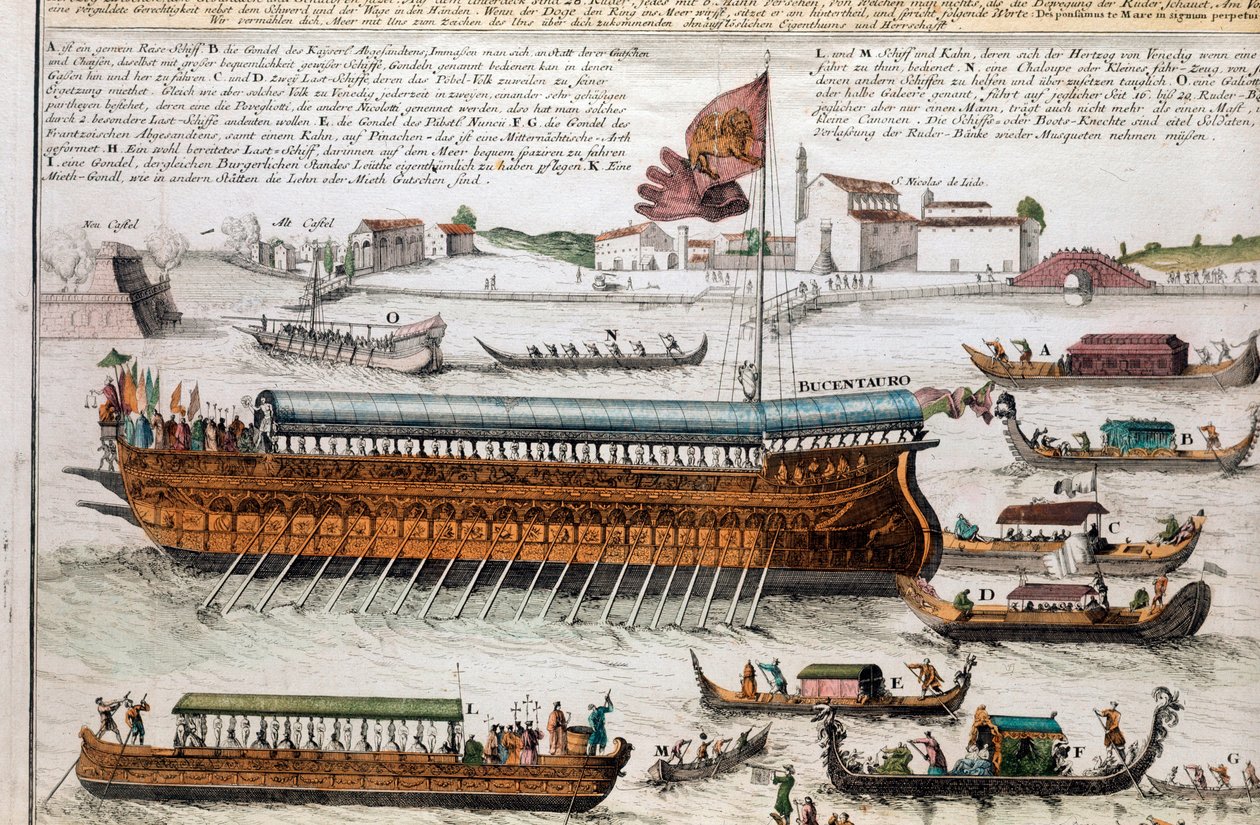 Ansicht der Lagune von Venedig und des Bucentaur. Am Himmelfahrtstag überquerte der Doge die Lagune von Venedig, um die Mündung des offenen Meeres an Bord eines Schiffes namens Bucentaur zu erreichen. Gravur. Venedig, Museo Correr von School Italian