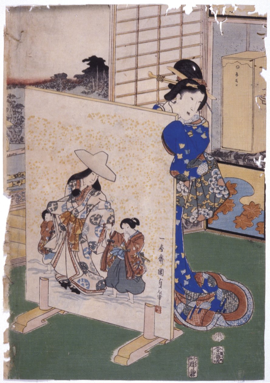 Frau steht hinter Tsuitate mit Malerei S. "Kunisada" von School Japanese