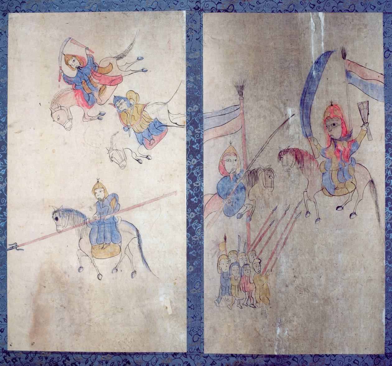 Ein Panel von einem achtteiligen Bildschirm, das eine Geschichte der drei Königreiche darstellt von School Korean
