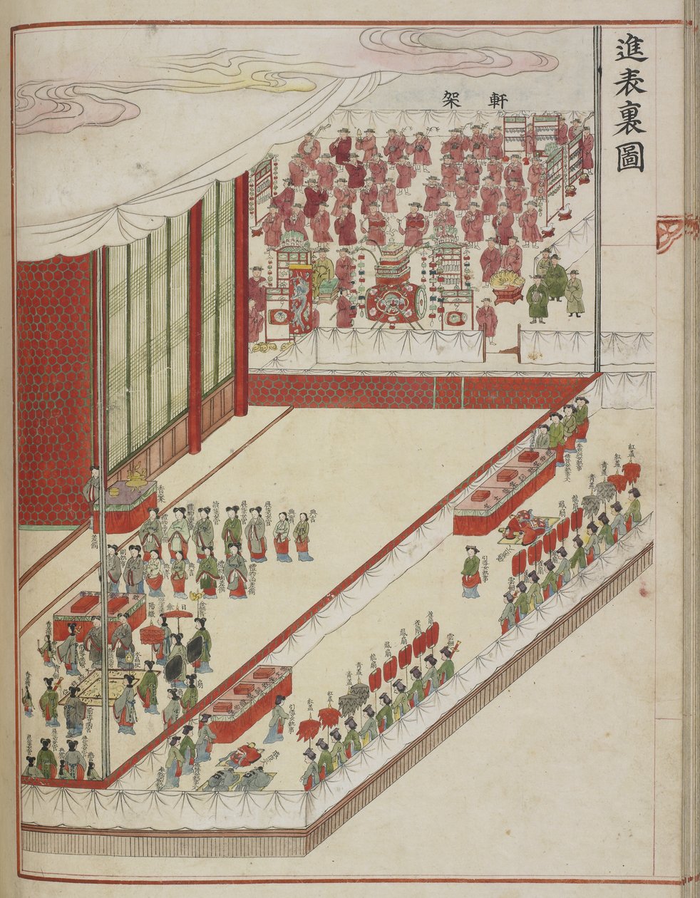 Koreanisches Hofritual. Seite aus einem Hofmanuskript, das den 60. Jahrestag der Vollendung der Ehe von Lady Hyegyong und Kronprinz Sado im Jahr 1749 zeigt von School Korean