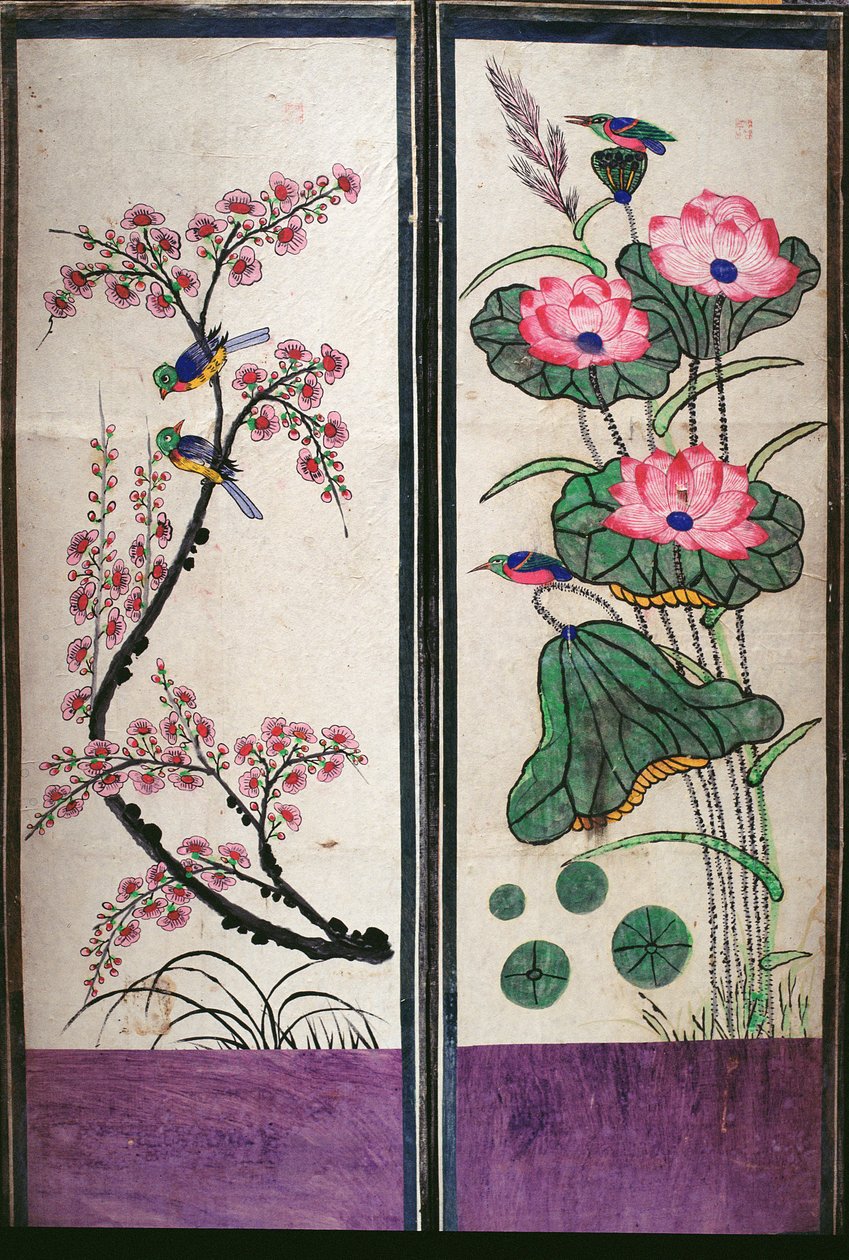 Zwei Paneele eines achtteiligen Paravents mit Vögeln und Blumen von School Korean