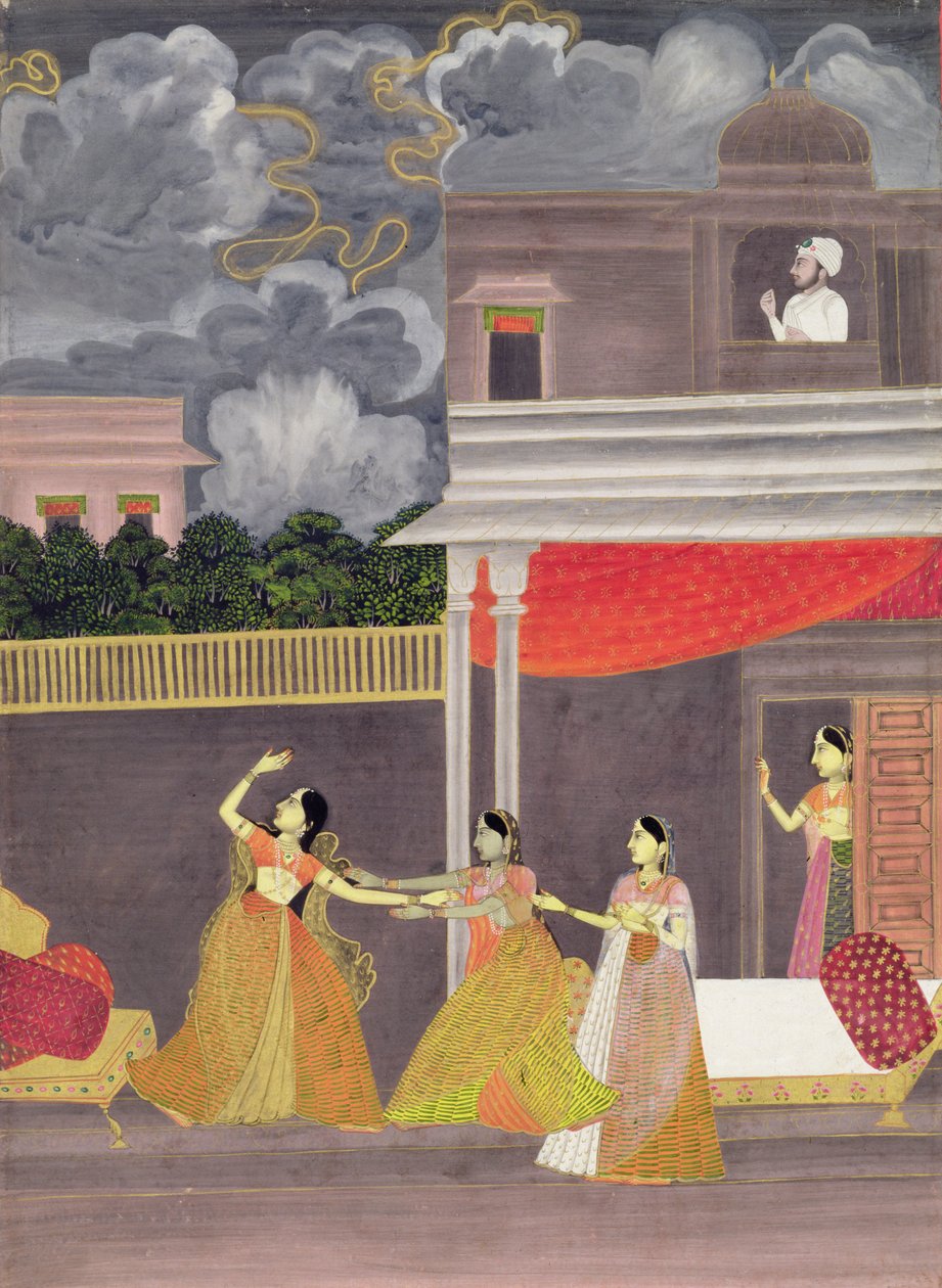 Eine Dame wird nachts aus einem Sturm hereingebracht: Illustration aus dem musikalischen Modus Madhu Madhavi von School Mughal