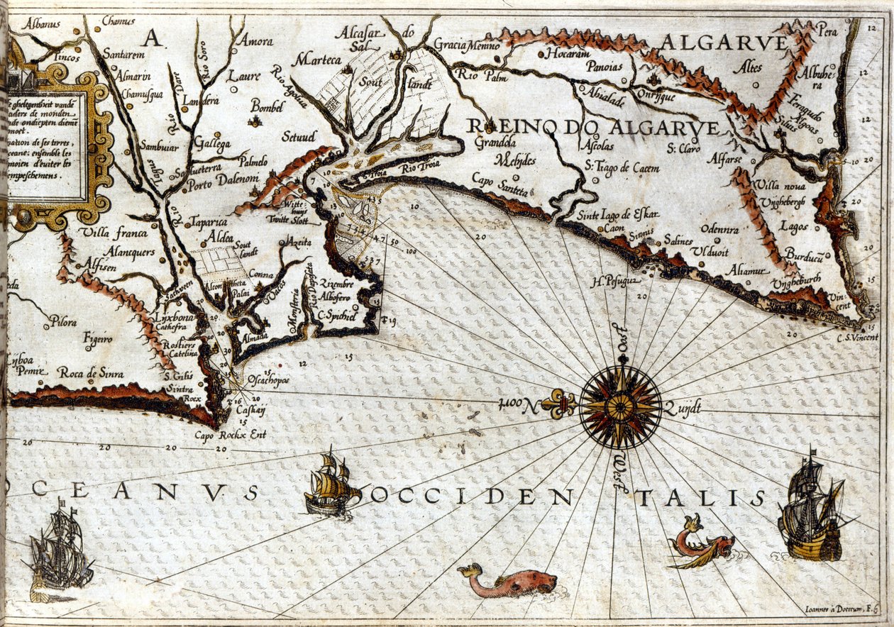 Kap Sagres (oder Heiliges Kap) am Ende von Portugal nach dem Portulan von Luca J. Waghenaer Treesor of zeevaert, gedruckt in Leiden 1592 von School Netherlandish