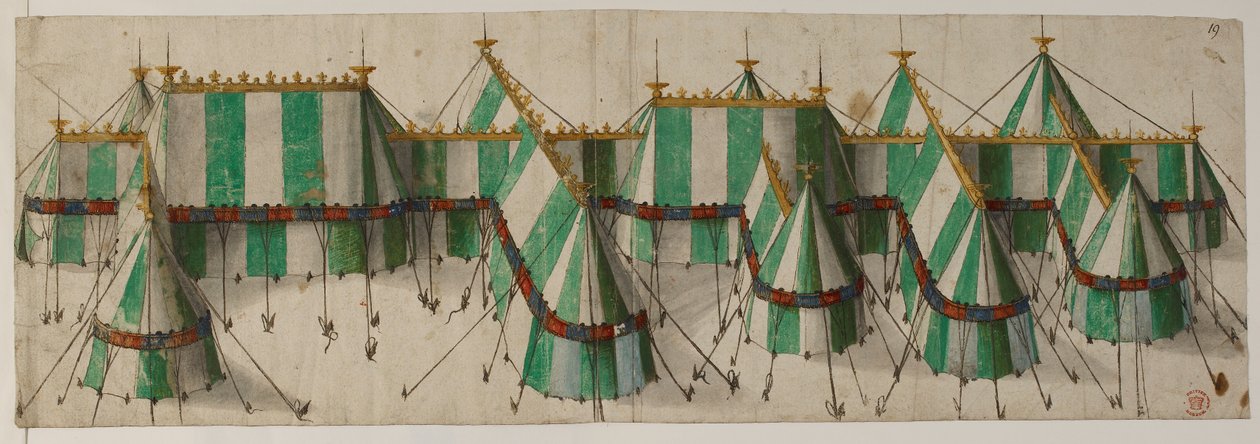 Entwurf für einen königlichen Pavillon in den Tudor-Farben Weiß und Grün, angeblich für Heinrich VIII. beim Feld der Goldenen Tücher von School Netherlandish