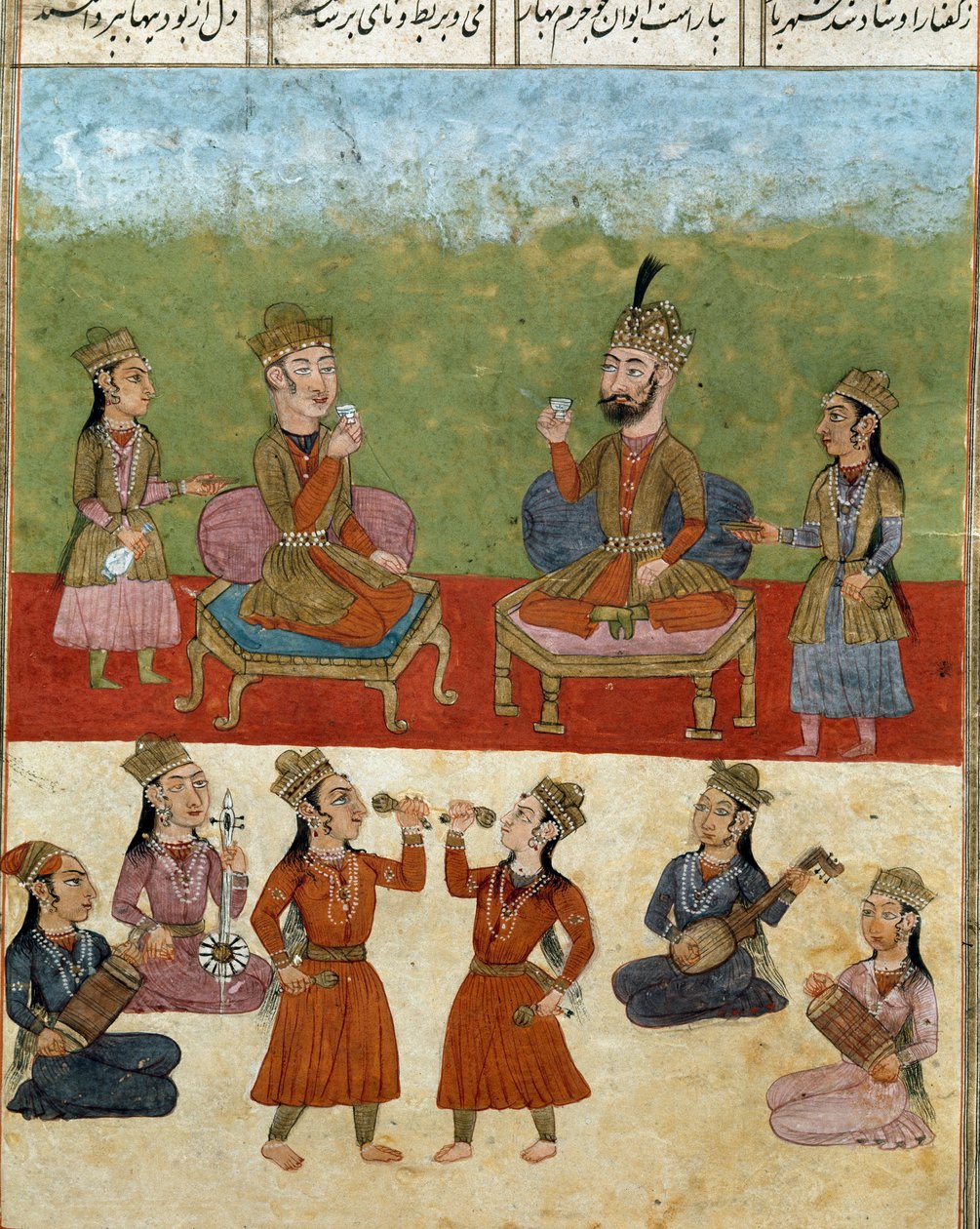 Islamische Kunst: Konzert und Unterhaltung in einem Harem. Persische Miniatur aus einem Manuskript des Epos 