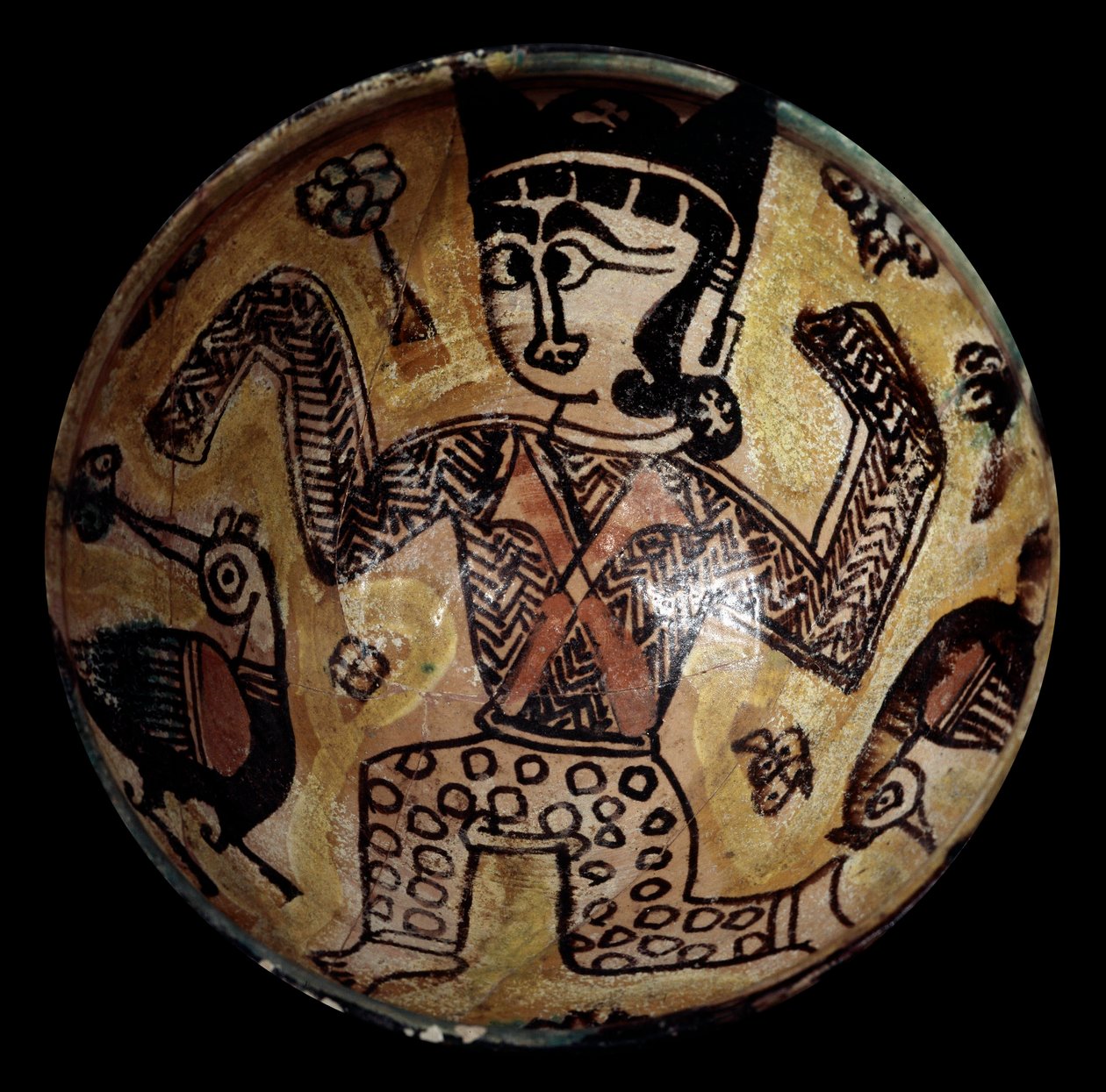 Persische Kunst: Terrakottabecher mit einer Figur mit zwei Vögeln. Private Sammlung von School Persian