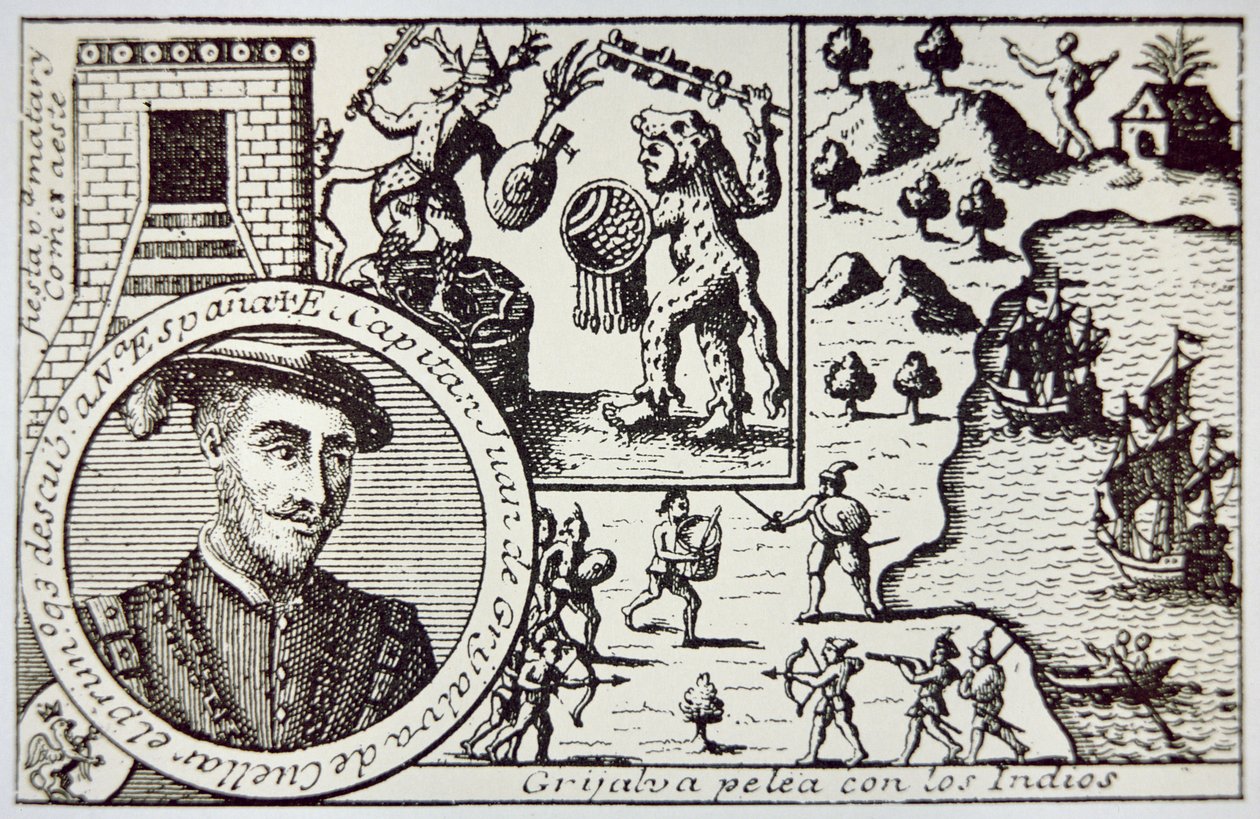Spanier unter Juan de Grijalva landen in Yucatan und kämpfen gegen Maya-Krieger in der Schlacht von Champoton, Mai 1518 von School Spanish
