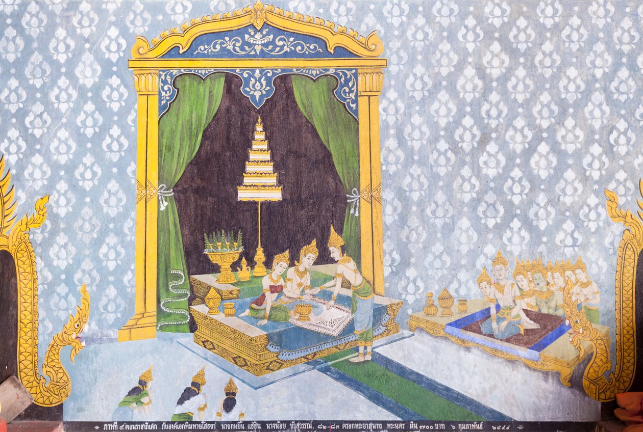 Fresko, das eine Szene aus dem Leben Buddhas darstellt, Wat Phra That Doi Suthep Tempel von School Thai