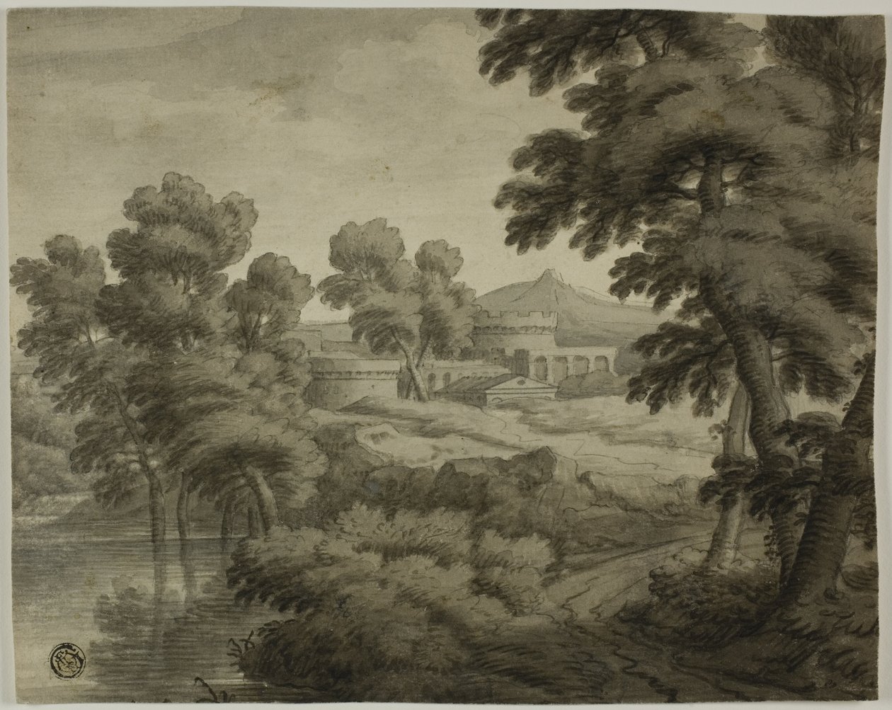 Italienische Landschaft mit Schloss, Bäumen und Wasser im Vordergrund von School of Nicolas Poussin