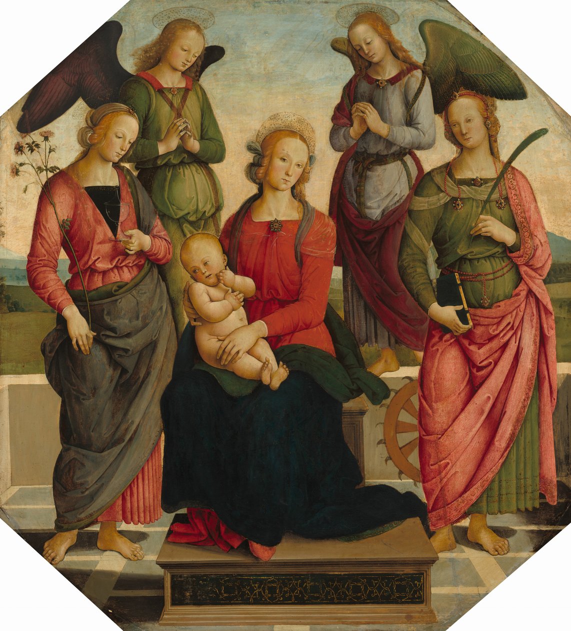 Madonna mit Kind und zwei Engeln, Heilige Rose und Heilige Katharina von Alexandria, frühes 16. Jahrhundert von School of Perugino