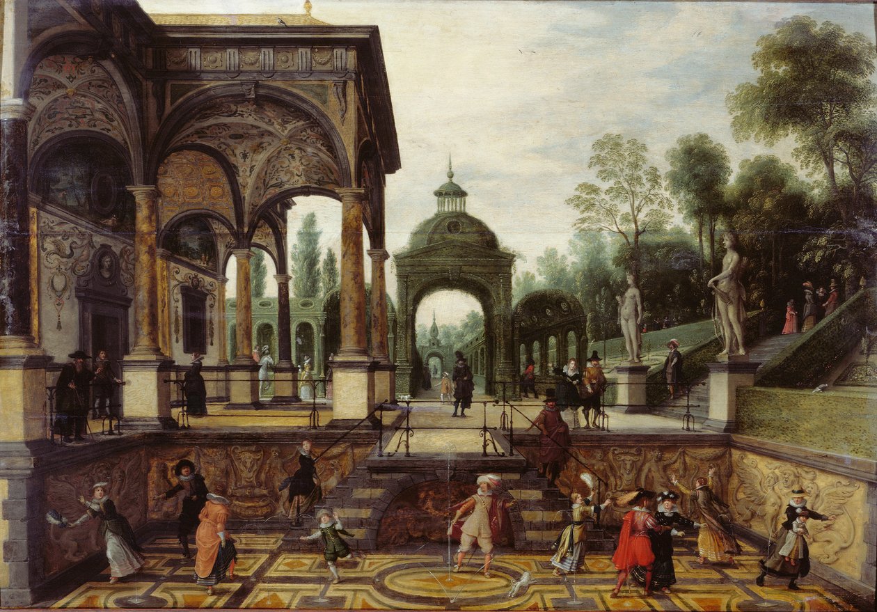 Italienischer Garten mit Galerie und Figuren, erstes Drittel des 17. Jahrhunderts von Sebastiaen Vrancx