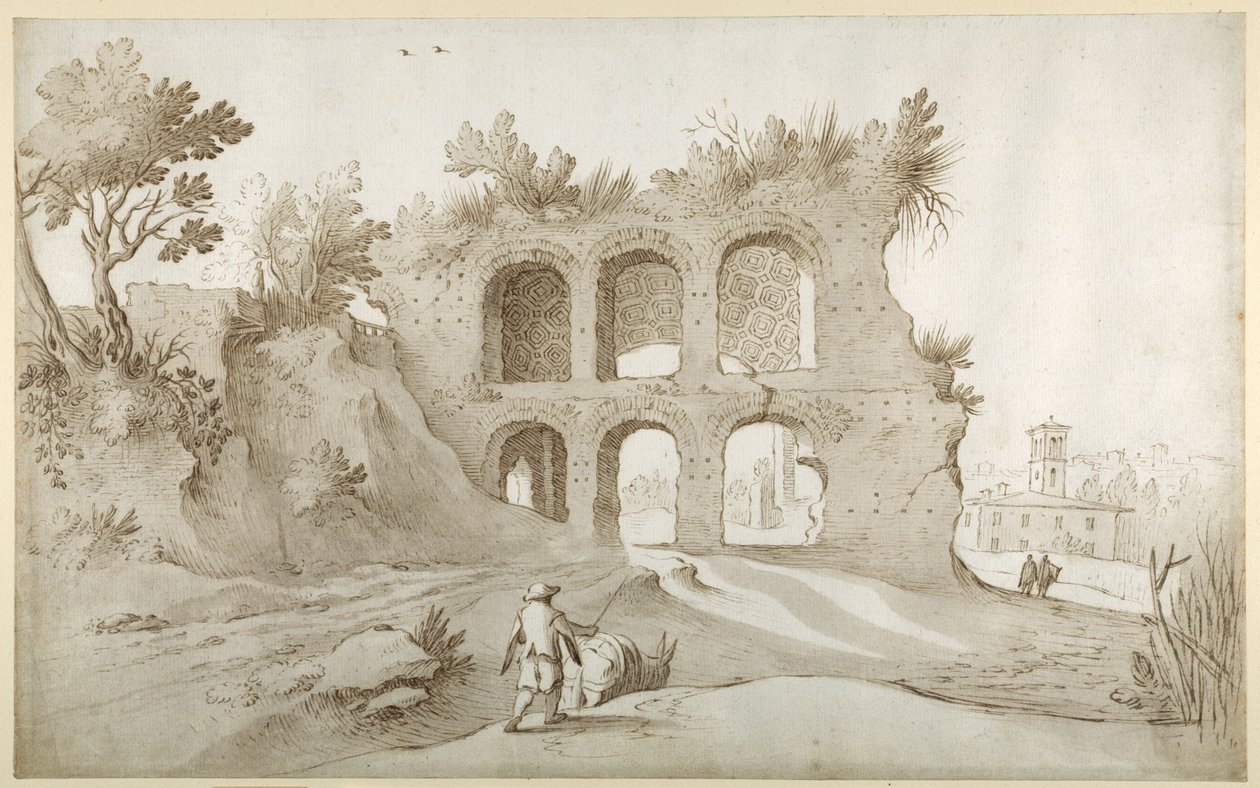 Basilika von Konstantin. Eingangswand in einer fantastischen Umgebung (Feder & Tinte mit Waschung auf Papier) von Sebastian Vrancx