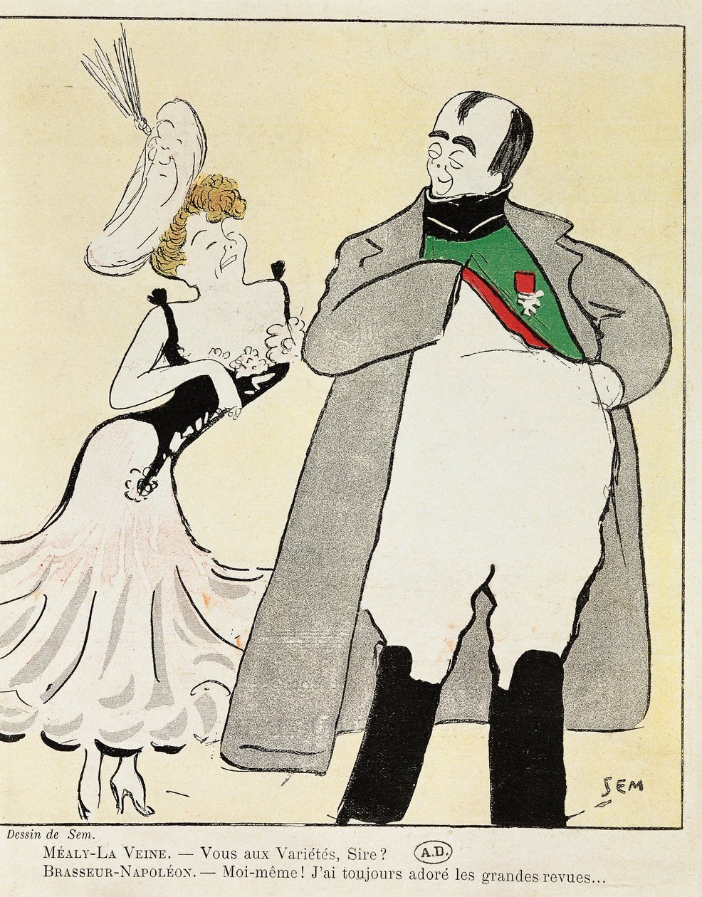 Schauspieler Albert Bresseur in der Rolle Napoleons in Madame Sans-Gene, von Victorien Sardou, Karikatur von 1893 von Sem