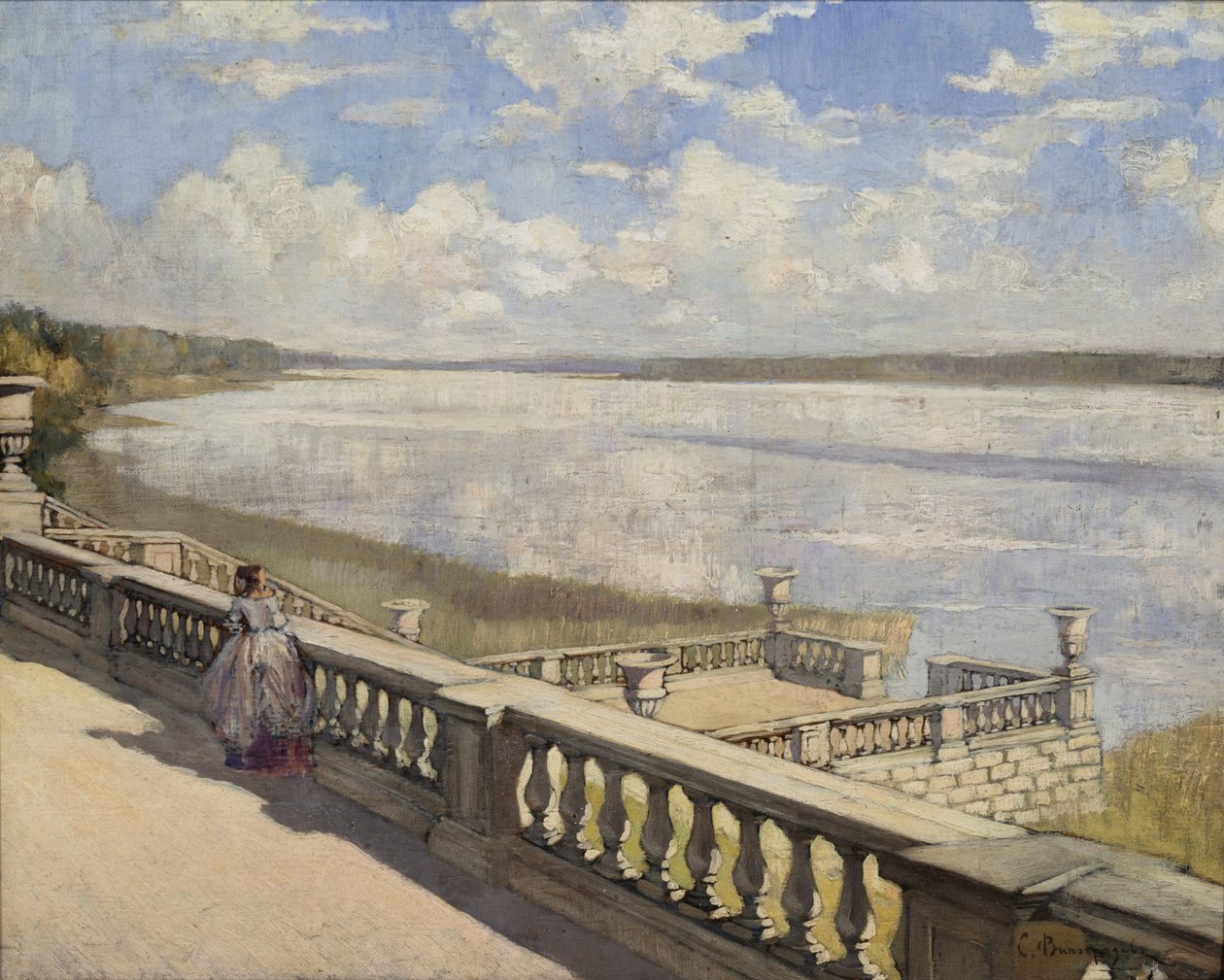 Sonniger Tag. Eine Dame an der Balustrade von Sergei Arsenevich Vinogradov
